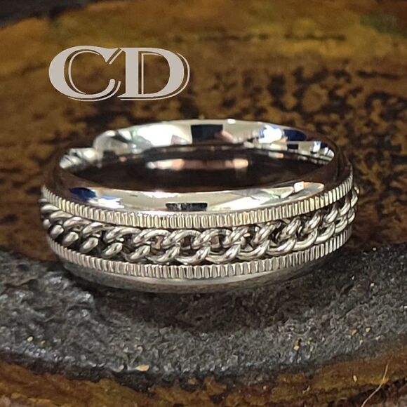 Men's Silver Chain Spinner Promise Ring Band - Anxiety Fidget Ring - Picture 1 of 8